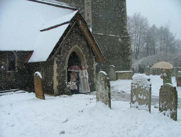Church porch in snow